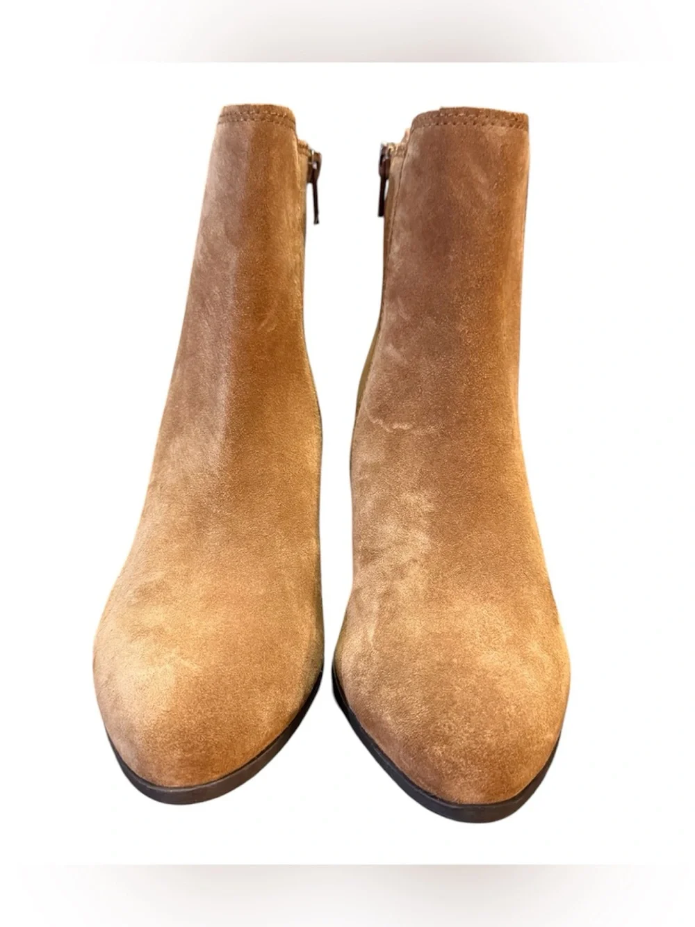 Frye Sandra Suede Chelsea Ankle Boots Cognac Brown Stacked Block Heel Size 6.5